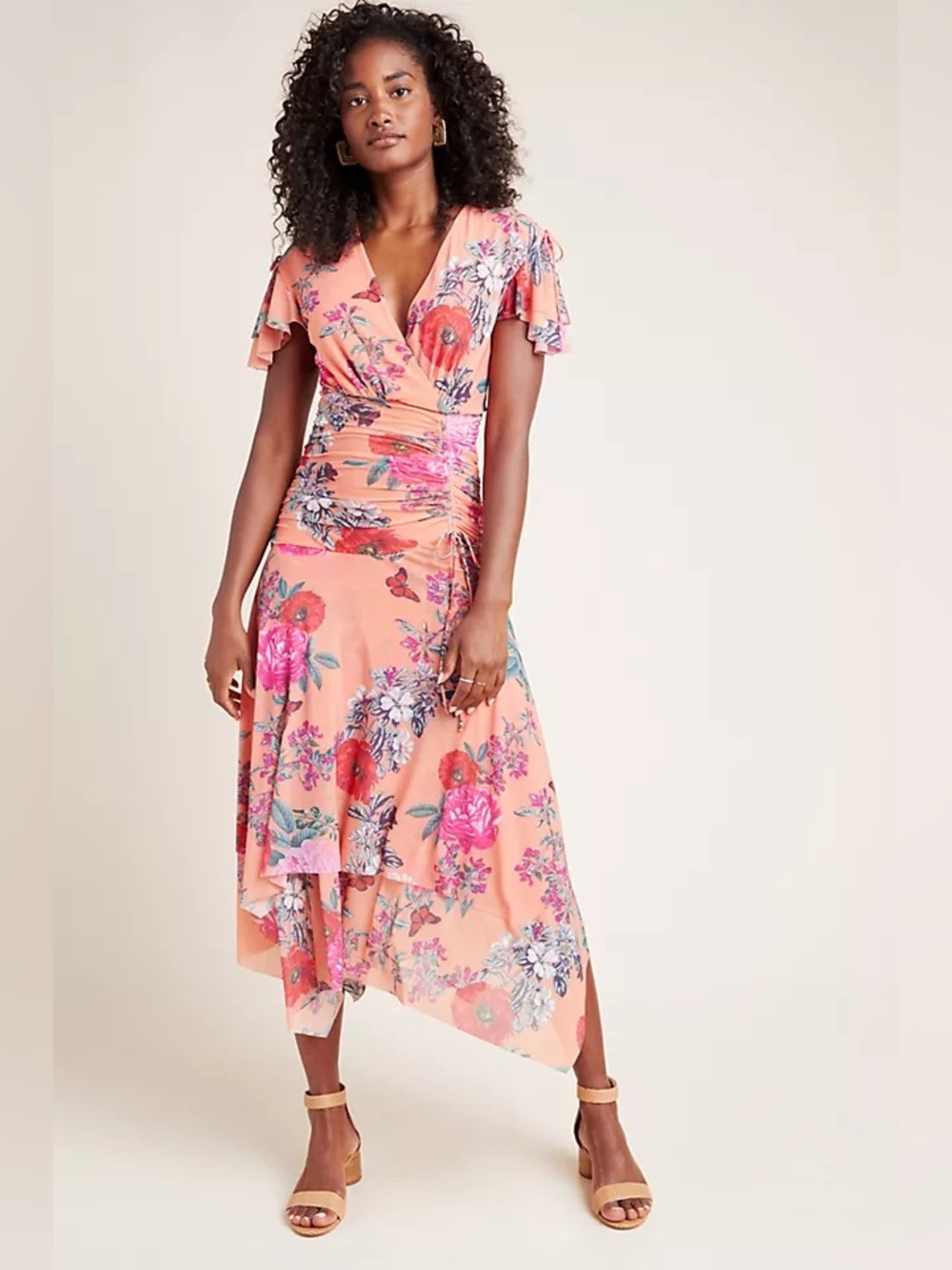 Maeve Simone Floral and Butterfly  V-Neck Ruched Dress by Anthropologie